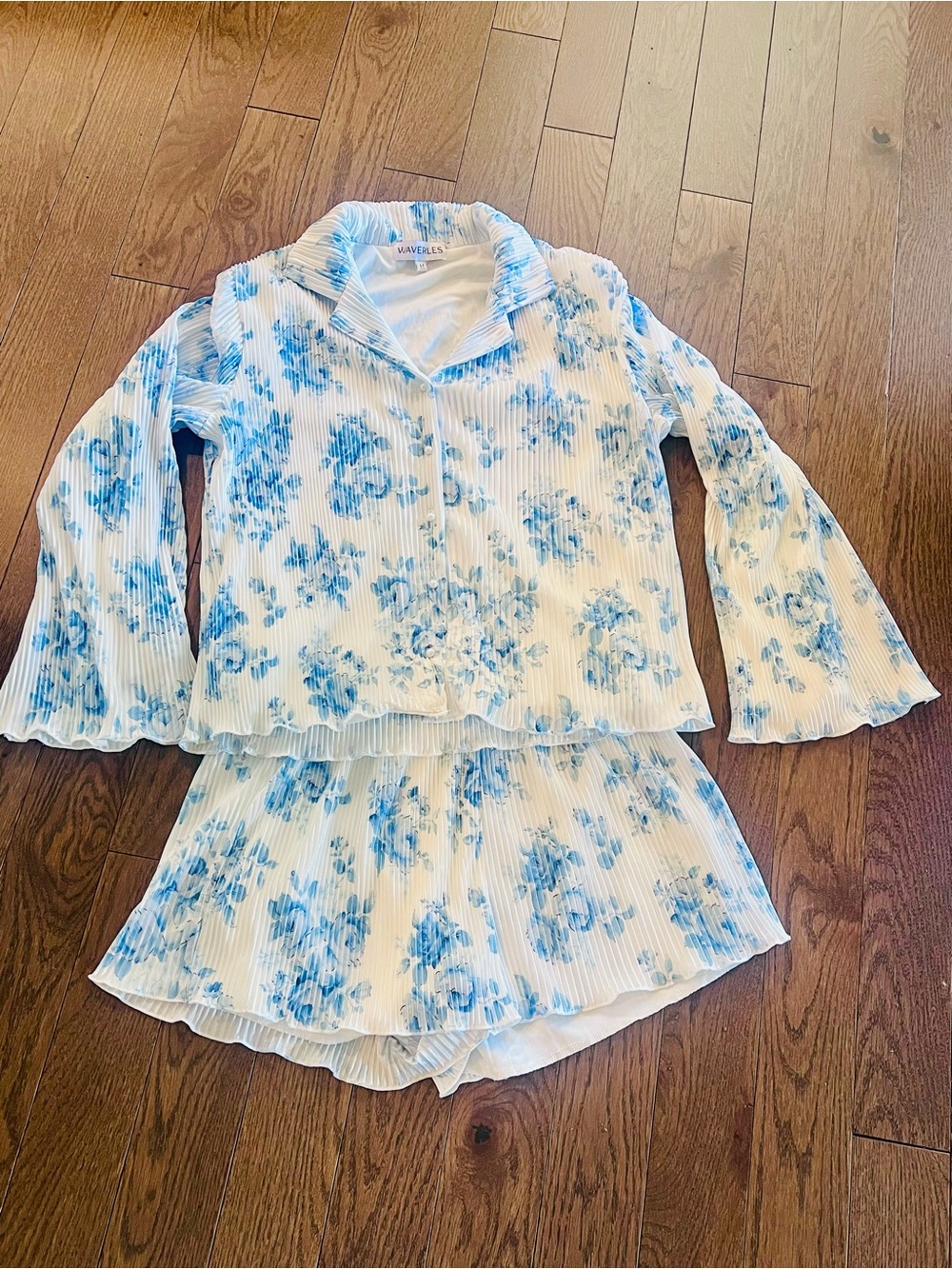 Waverles Blue Floral Pleated 2 pc Pajama Set – Long Sleeve Button-Up Top & Short